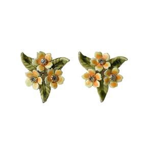 1950s Coro Gold Plate Peach Enamel & Rhinestone Flower Screw Back Earrings